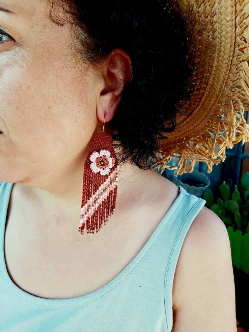 Handwoven Beaded Earrings Vibrant Pink Flower Earring Modern Etsy
