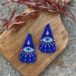 Blue evil eye beaded fringe earrings seed bead earrings dangle boho earrings chandelier earrings native bead earrings evening earrings image 8