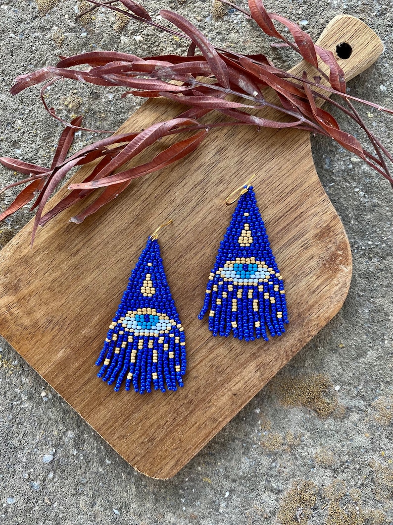 Blue evil eye beaded fringe earrings seed bead earrings dangle boho earrings chandelier earrings native bead earrings evening earrings image 8