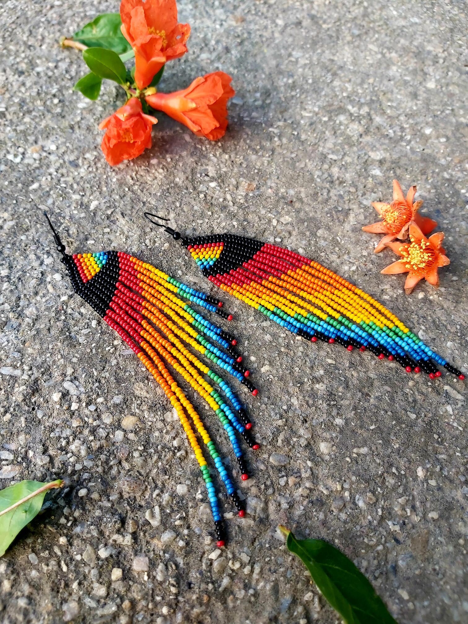 Rainbow Long Beaded Fringe Earrings Seed Bead Earrings Dangle Boho ...
