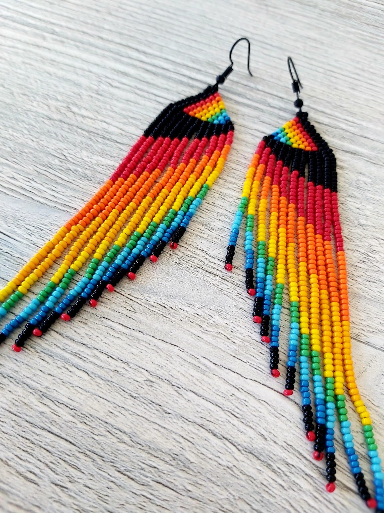 Rainbow Long Beaded Fringe Earrings Seed Bead Earrings Dangle Boho ...