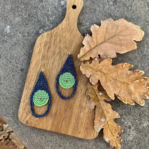 Abstract green beaded earrings, beadwork earrings, short fringe beaded earrings, Stylish earrings, Seed bead earrings,Boho earrings