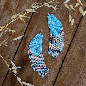 Colorful feather seed bead earrings,Ethnic beaded earrings,Feather earrings,Ethno,Boho earrings,Beadwork jewelry,Native American style