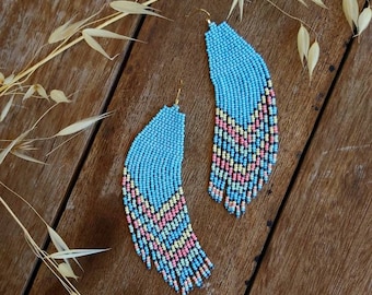 Handwoven beaded earrings, baby blue ombre long modern earrings, fringe earrings, colorful, abstract, gift for her, wearable art, vibrant