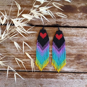 Unique love beaded fringe earrings, seed bead earrings dangle boho earrings native beaded earrings chandelier earrings colorful beaded