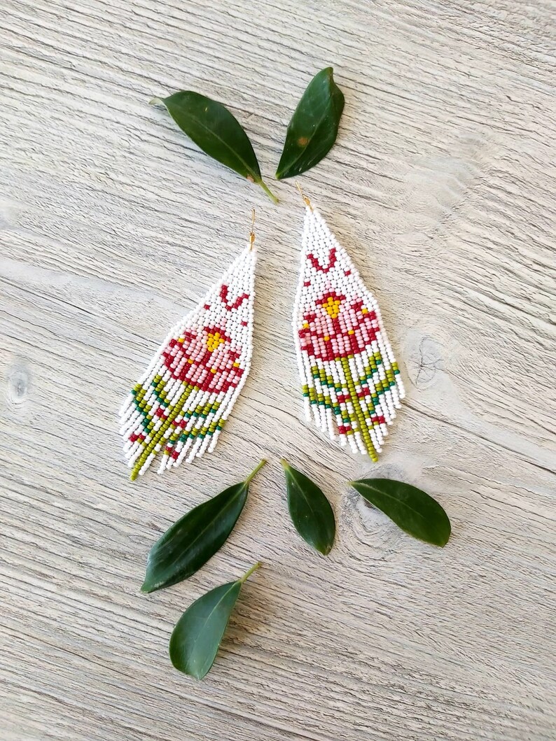 Pink Tulip Beaded Fringe Earrings Seed Bead Earrings Dangle Boho ...