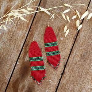 Dark red ombre long  beaded fringe earrings, ombre earrings seed bead earrings dangle boho earrings native beaded earrings chandelier