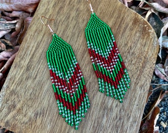 Shiny green beaded earrings Crystal earrings Evening seed bead earrings Long fringe earrings Ombre earrings Gradient beadwork earring Dangl