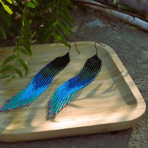 Turquoise beaded earrings Fringe earrings Long earrings Handmade earrings Seed bead earring Blue chandelier earring Beadwork earring Dangle