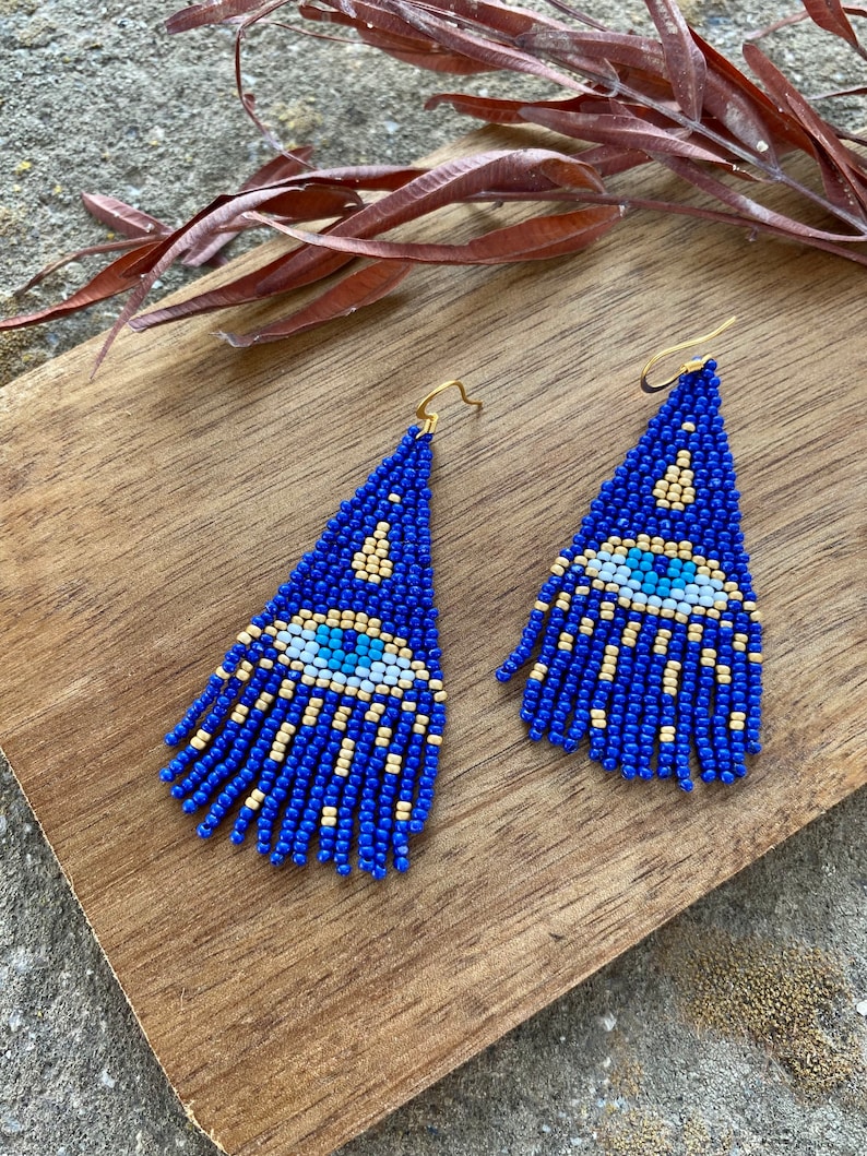 Blue evil eye beaded fringe earrings seed bead earrings dangle boho earrings chandelier earrings native bead earrings evening earrings image 5