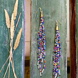 Mixed colors long beaded fringe earrings, ombre earrings seed bead earrings dangle boho earrings native beaded earrings chandelier