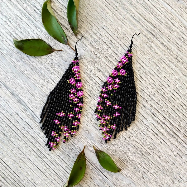 Black floral beaded fringe earrings seed bead earrings dangle boho earrings chandelier earrings native beaded earrings colorful earrings