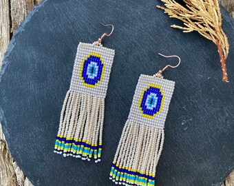 Evil eye beaded earrings, abstract beaded earrings,Handwoven beaded earrings, long modern earrings, abstract earrings, fringe earrings