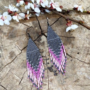 Anthracite ombre beaded fringe earrings seed bead earrings dangle boho earrings chandelier earrings native bead earrings colorful earrings