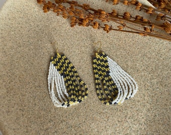 Matte yellow beaded earrings Geometric Fringe earrings small beaded earrings Pearl Seed bead earrings Beadwork dangle Boho earrings