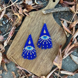 Blue evil eye beaded fringe earrings seed bead earrings dangle boho earrings chandelier earrings native bead earrings evening earrings image 7