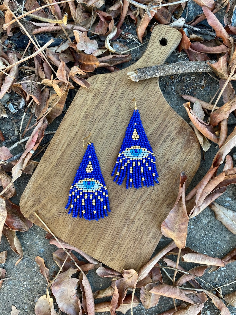 Blue evil eye beaded fringe earrings seed bead earrings dangle boho earrings chandelier earrings native bead earrings evening earrings image 7