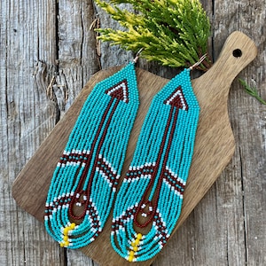 Extra long turquoise beaded fringe earrings, seed bead earrings dangle boho earrings native beaded earrings chandelier earrings