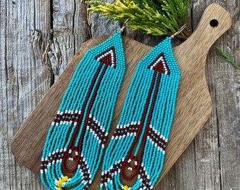 Extra long turquoise beaded fringe earrings, seed bead earrings dangle boho earrings native beaded earrings chandelier earrings