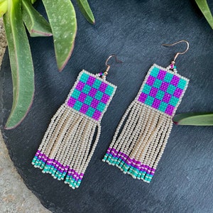 Pink and mint green earrings, abstract beaded earrings,Handwoven beaded earrings, long modern earrings, abstract earrings, fringe earrings image 7