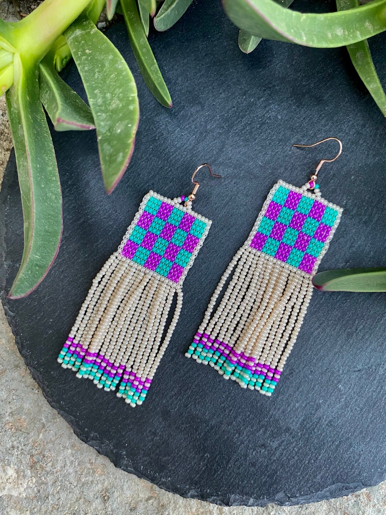 Pink and mint green earrings, abstract beaded earrings,Handwoven beaded earrings, long modern earrings, abstract earrings, fringe earrings image 7