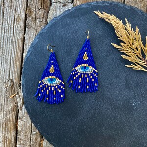 Blue evil eye beaded fringe earrings seed bead earrings dangle boho earrings chandelier earrings native bead earrings evening earrings image 9