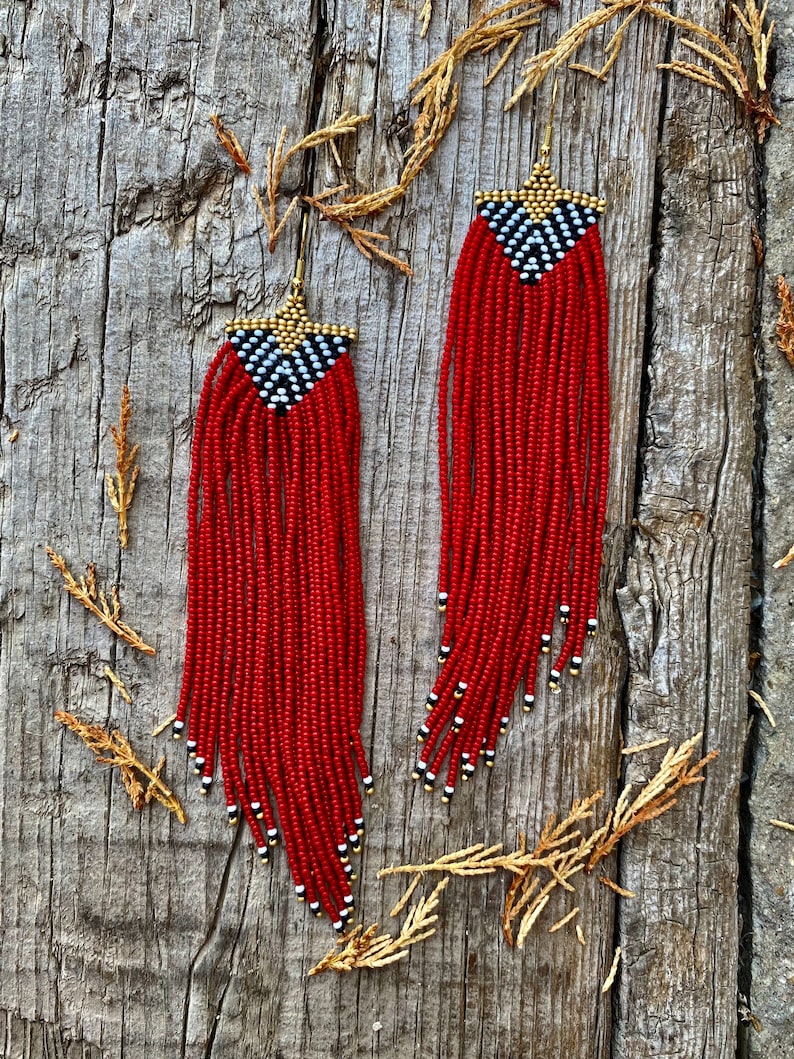 Extra Long Red Beaded Fringe Earrings Seed Bead Earrings Etsy