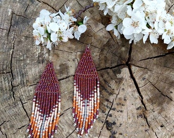 Brown ombre beaded fringe earrings seed bead earrings dangle boho earrings chandelier earrings native bead earrings colorful earrings