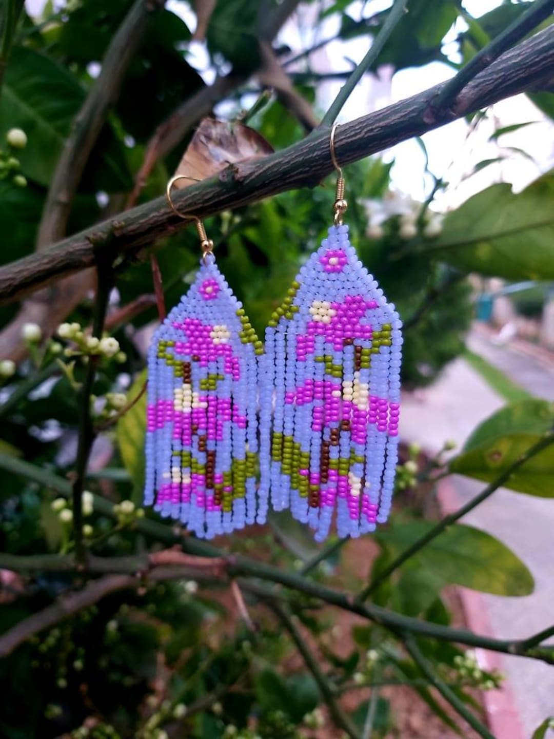 Pink Floral Beaded Fringe Earrings Seed Bead Earrings Dangle Boho ...