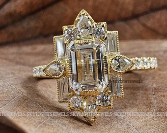 1.20 CT Emerald Cut Vintage Bridal Engagement Ring Baguette wedding ring Unique art deco ring Pear diamond halo ring Starburst ring For Her