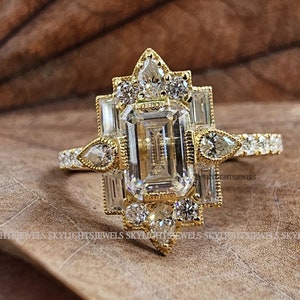 1.20 CT Emerald Cut Vintage Bridal Engagement Ring Baguette wedding ring Unique art deco ring Pear diamond halo ring Starburst ring For Her