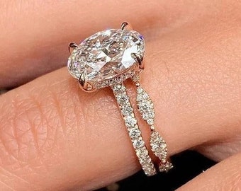 2 CT Oval Moissanite Verlobungsring Set -Ehering - Oval Moissanite Braut Set - Versteckter Halo Diamant Ring -14K Weißgold Ring für Frauen