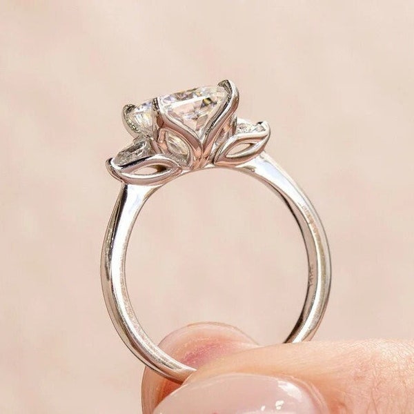14k Solid Yellow Gold Tulip Setting 2.5 CT Moissanite Cushion Cut Three Stone Engagement Ring,Diamond Wedding Ring Pear Cut Side Stone Ring