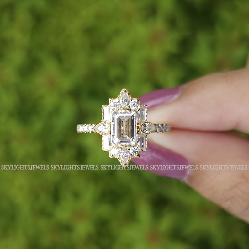 1.20 CT Emerald Cut Vintage Bridal Engagement Ring Baguette wedding ring Unique art deco ring Pear diamond halo ring Starburst ring For Her image 10