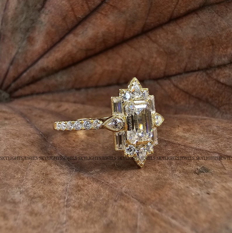 1.20 CT Emerald Cut Vintage Bridal Engagement Ring Baguette wedding ring Unique art deco ring Pear diamond halo ring Starburst ring For Her image 5