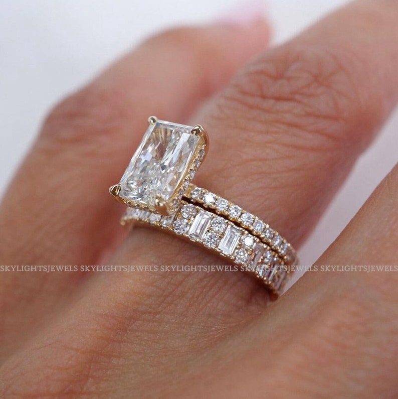 3 CT Unique Radiant Cut Bridal Set Baguette And Round Moissanite Wedding Band Gift For Her Wedding Ring 18K Gold Ring Promise Ring image 1