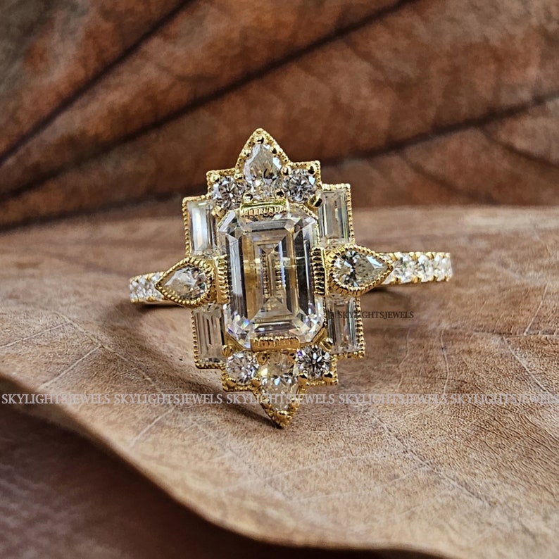 1.20 CT Emerald Cut Vintage Bridal Engagement Ring Baguette wedding ring Unique art deco ring Pear diamond halo ring Starburst ring For Her image 1