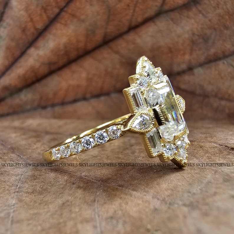 1.20 CT Emerald Cut Vintage Bridal Engagement Ring Baguette wedding ring Unique art deco ring Pear diamond halo ring Starburst ring For Her image 9