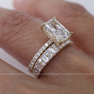 3 CT Unique Radiant Cut Bridal Set Baguette And Round Moissanite Wedding Band Gift For Her Wedding Ring 18K Gold Ring Promise Ring image 5