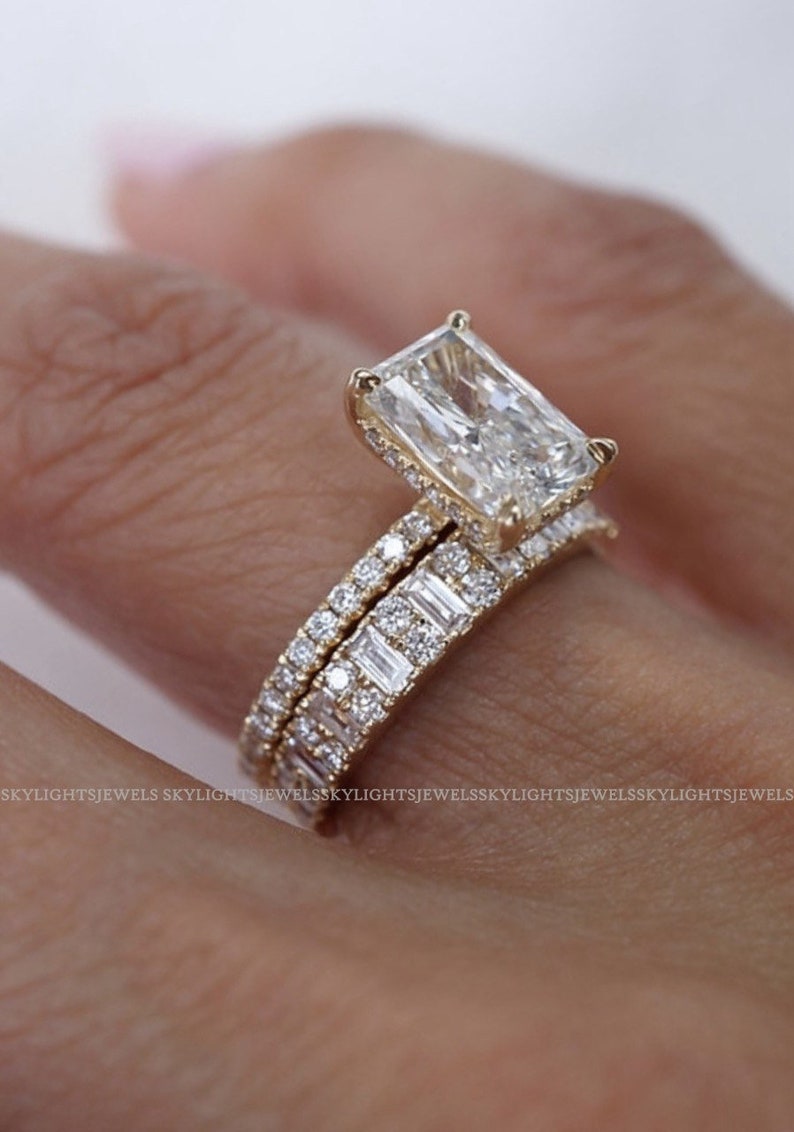 3 CT Unique Radiant Cut Bridal Set Baguette And Round Moissanite Wedding Band Gift For Her Wedding Ring 18K Gold Ring Promise Ring image 5