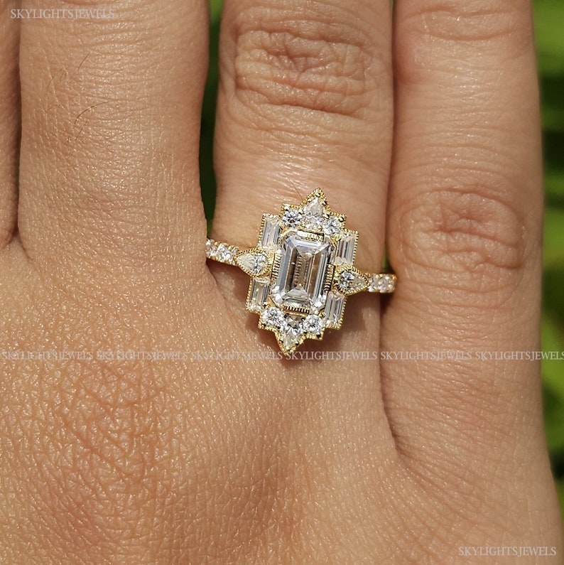 1.20 CT Emerald Cut Vintage Bridal Engagement Ring Baguette wedding ring Unique art deco ring Pear diamond halo ring Starburst ring For Her image 2