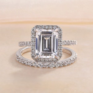 Emerald Cut Moissanite Wedding Bridal Set, Emerald Halo Anniversary Ring Set, Unique Emerald Cut Engagement Ring Set