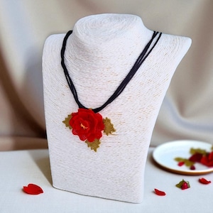 Red Crochet Flower Necklace: Needle Lace Oya Jewelry, Adjustable Cord