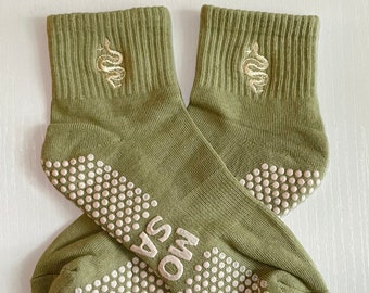 Embroidered Snake Grip Socks – Non-Slip Pilates, Barre, Yoga