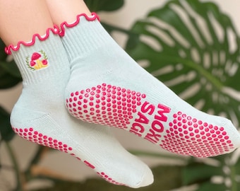 Embroidered Pilates Grip Socks - Mushroom Cottagecore, Frilled Non-Slip Socks for Lagree, Pilates, Yoga