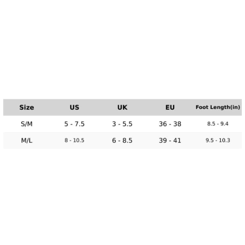 May include: A size chart with measurements for footwear. The chart includes sizes for US, UK, and EU, along with corresponding foot lengths in inches. Sizes range from S/M to M/L, with foot lengths from 8.5 to 10.3 inches.