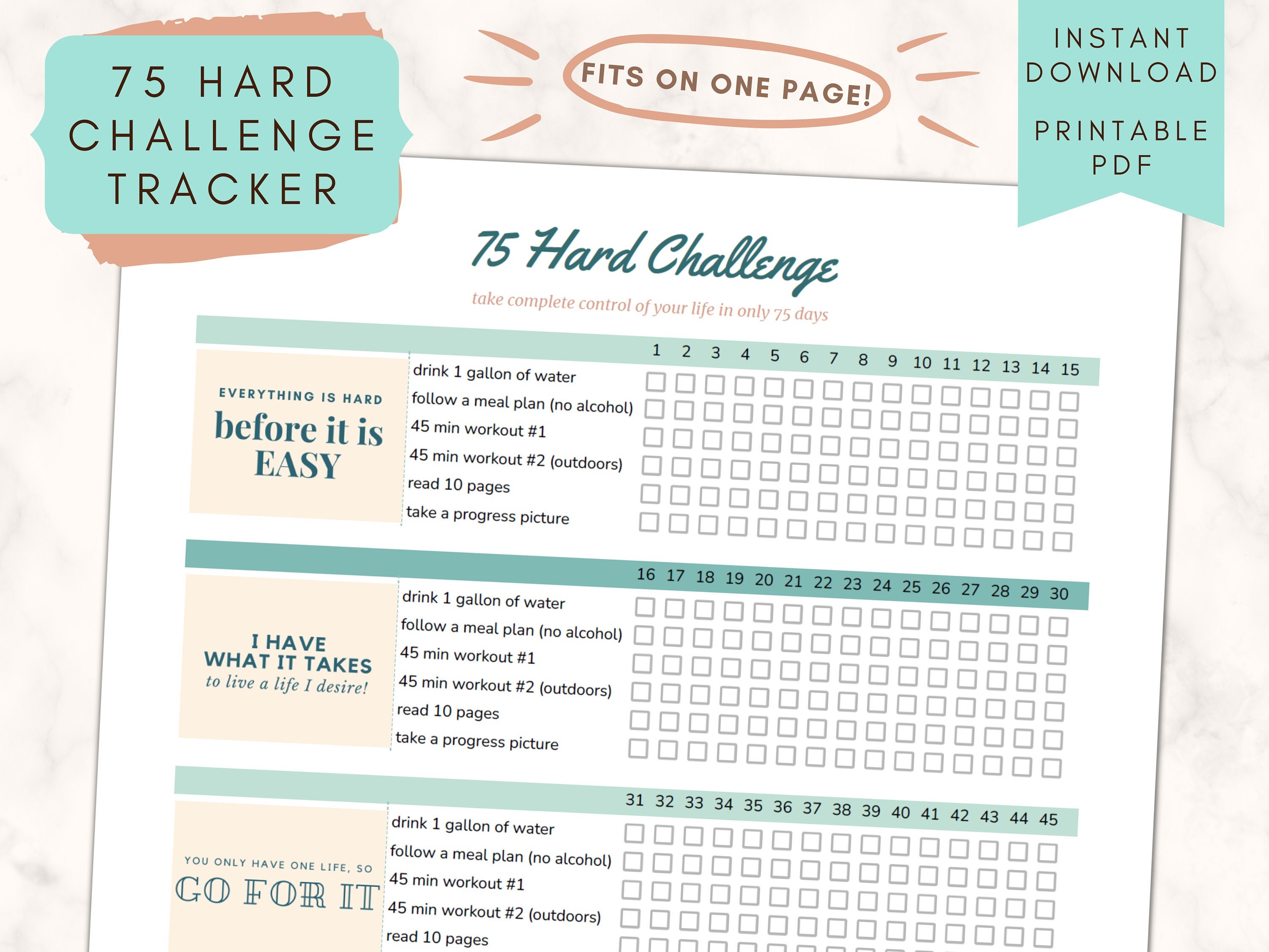 75 Hard Tracker, Printable 75 Hard Challenge, Fitness Planner, 75 Day 75 Hard Tracker, Printable 75 Hard Challenge, Fitness Planner, 75 Day