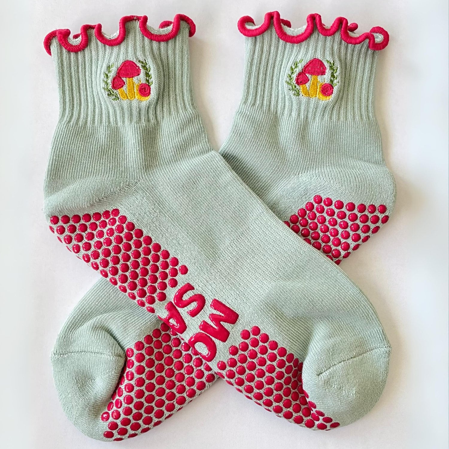 Pilates Grip Socks Shroom & Snails Embroidered Grippy Socks With Frills