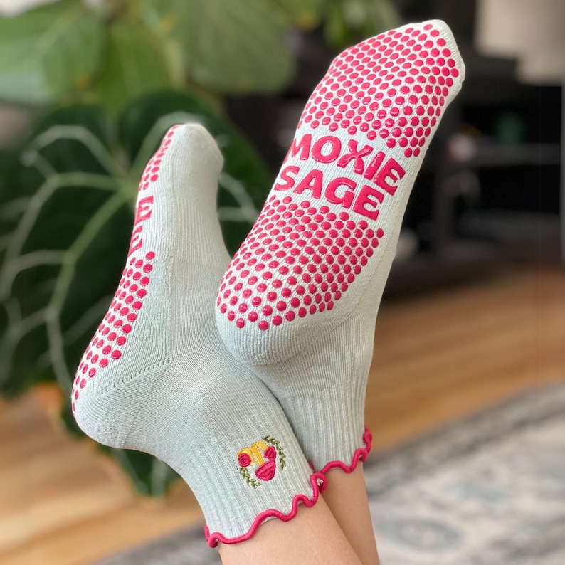 Pilates Grip Socks Shroom & Snails Embroidered Grippy Socks With Frills
