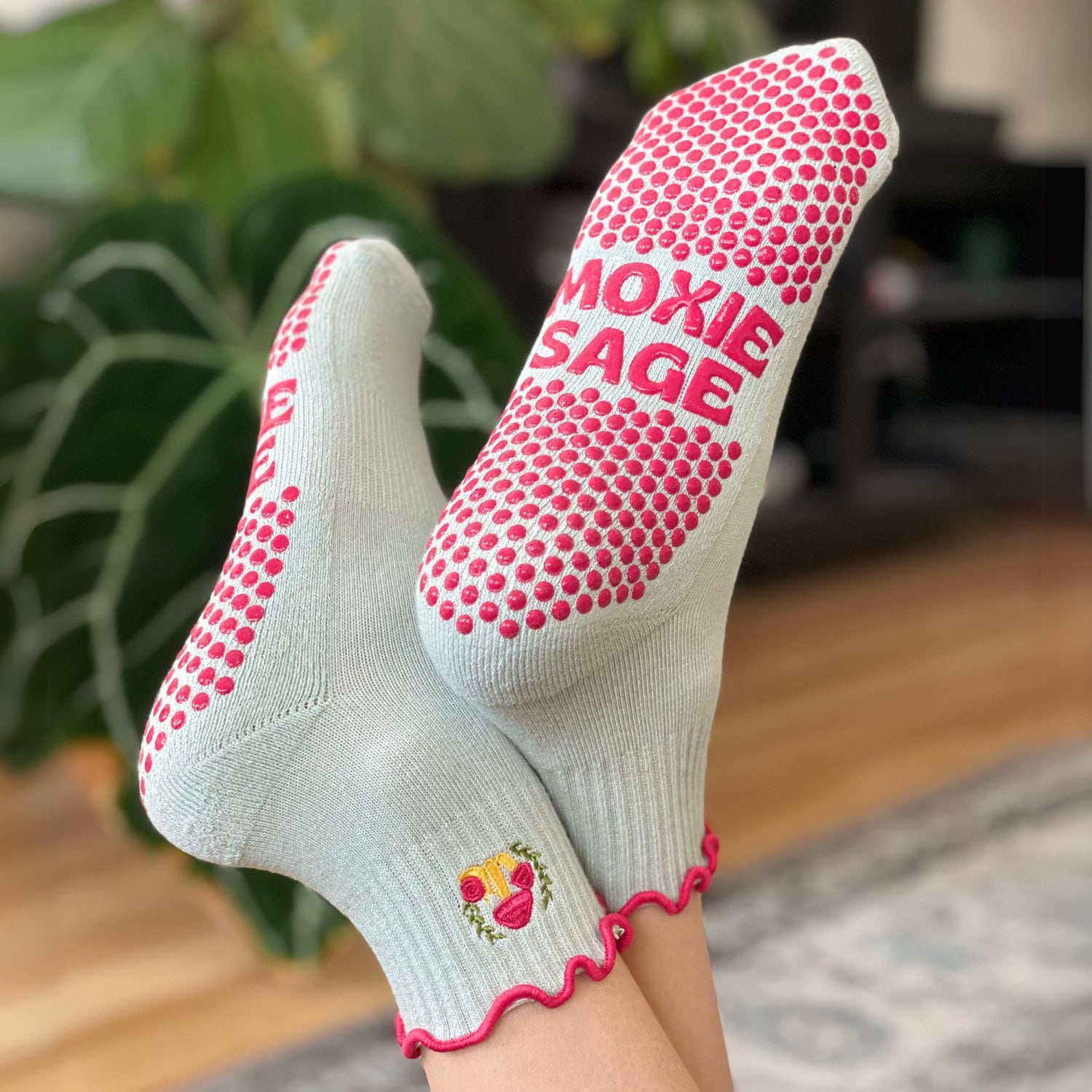 Pilates Grip Socks Shroom & Snails Embroidered Grippy Socks With Frills